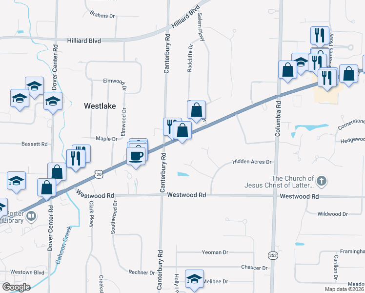 map of restaurants, bars, coffee shops, grocery stores, and more near 26185 Center Ridge Road in Westlake
