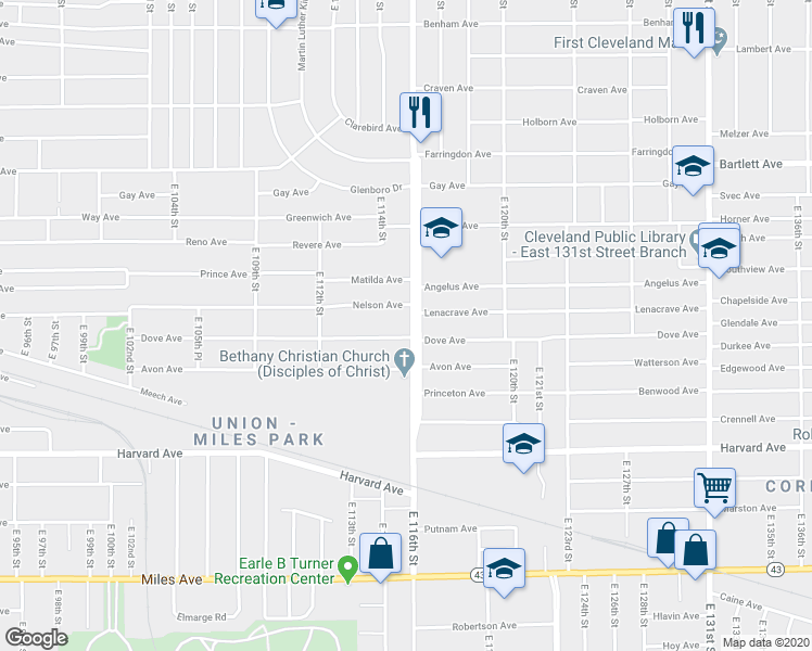 map of restaurants, bars, coffee shops, grocery stores, and more near 3892 Martin Luther King Junior Drive in Cleveland