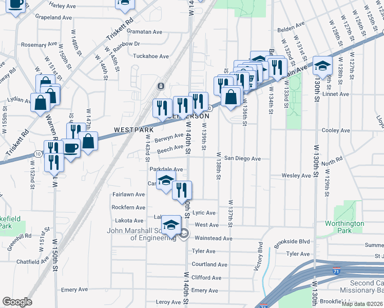 map of restaurants, bars, coffee shops, grocery stores, and more near 3716 West 140th Street in Cleveland
