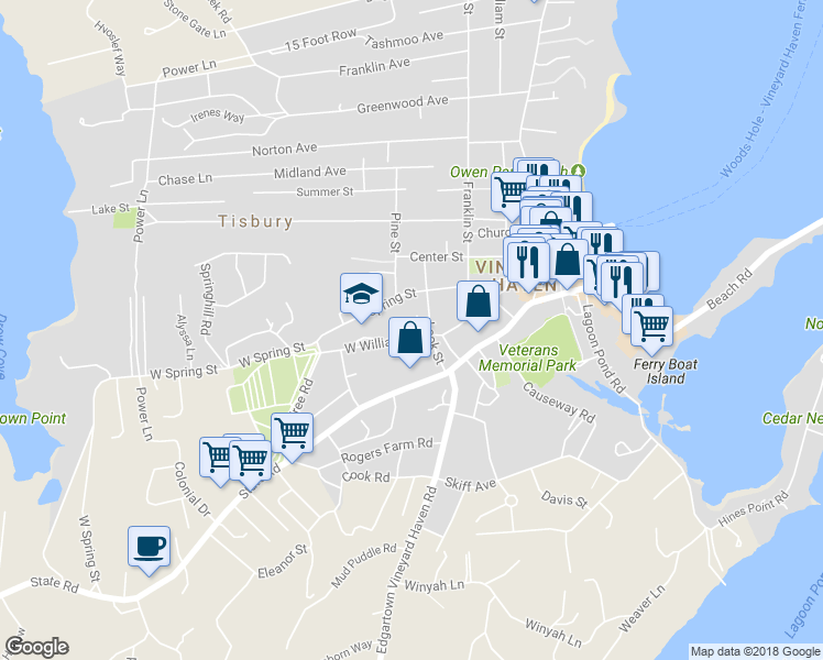 map of restaurants, bars, coffee shops, grocery stores, and more near 8 Rogers Way in Tisbury