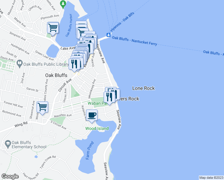 map of restaurants, bars, coffee shops, grocery stores, and more near 20 Pennacook Avenue in Oak Bluffs