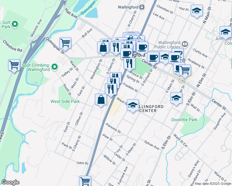 map of restaurants, bars, coffee shops, grocery stores, and more near 228 South Colony Road in Wallingford