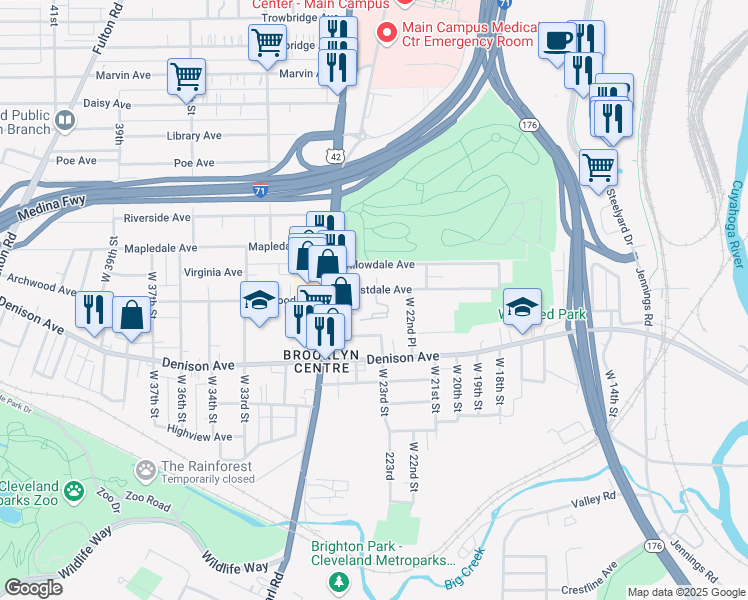 map of restaurants, bars, coffee shops, grocery stores, and more near 2227 Forestdale Avenue in Cleveland