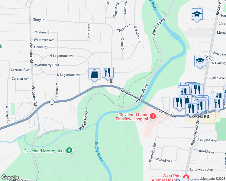 map of restaurants, bars, coffee shops, grocery stores, and more near 18875 Riversouth Trace in Fairview Park