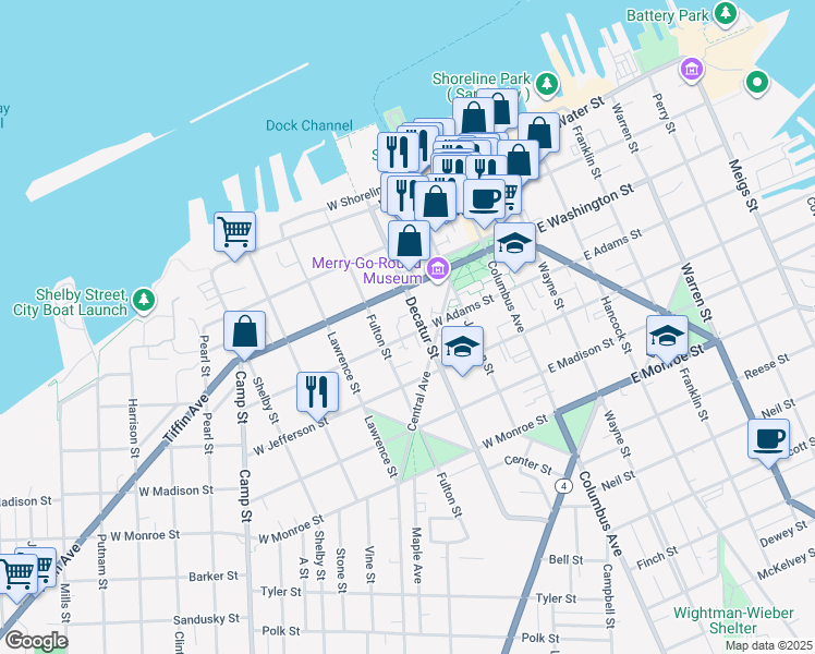 map of restaurants, bars, coffee shops, grocery stores, and more near 605 West Adams Street in Sandusky