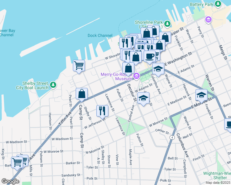 map of restaurants, bars, coffee shops, grocery stores, and more near 317 Fulton Street in Sandusky
