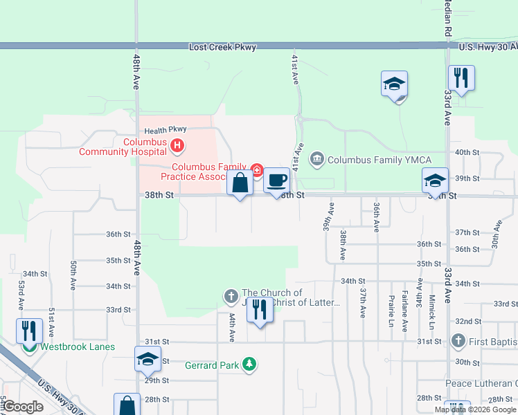 map of restaurants, bars, coffee shops, grocery stores, and more near 3775 45th Avenue in Columbus