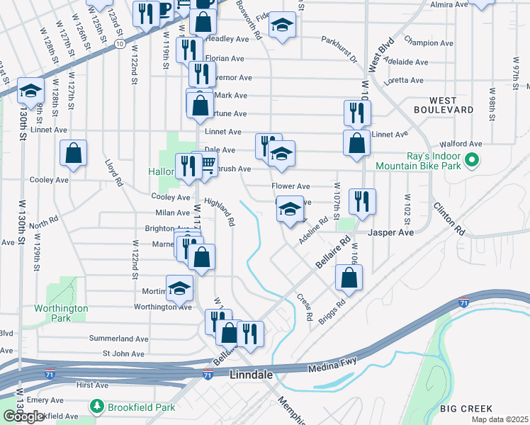 map of restaurants, bars, coffee shops, grocery stores, and more near 3664 Bosworth Road in Cleveland