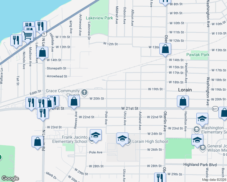 map of restaurants, bars, coffee shops, grocery stores, and more near 1609 West 19th Street in Lorain