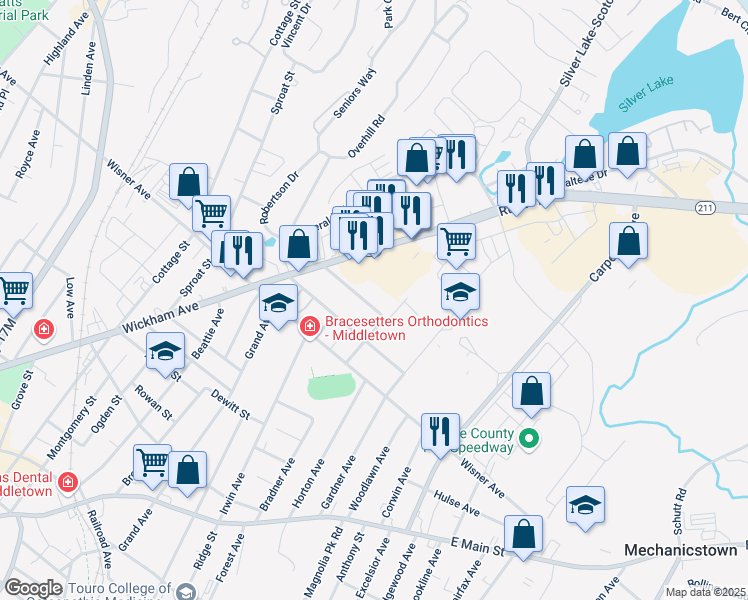 map of restaurants, bars, coffee shops, grocery stores, and more near 23 Stratton Avenue in Middletown