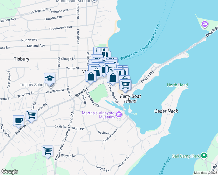 map of restaurants, bars, coffee shops, grocery stores, and more near 37 Lagoon Pond Road in Tisbury