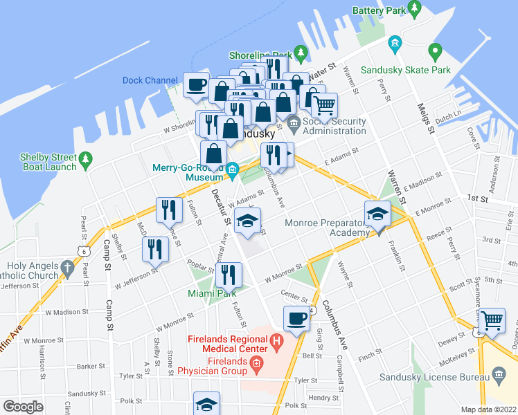 map of restaurants, bars, coffee shops, grocery stores, and more near 416 Jackson Street in Sandusky