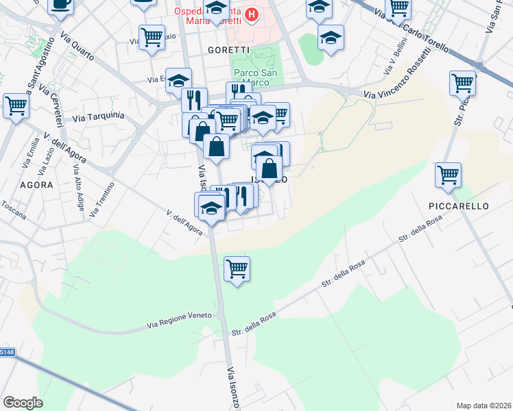 map of restaurants, bars, coffee shops, grocery stores, and more near 41-51 Via Don Luigi Sturzo in Latina