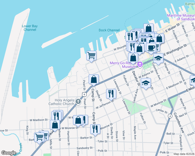 map of restaurants, bars, coffee shops, grocery stores, and more near 218 Washington Court in Sandusky