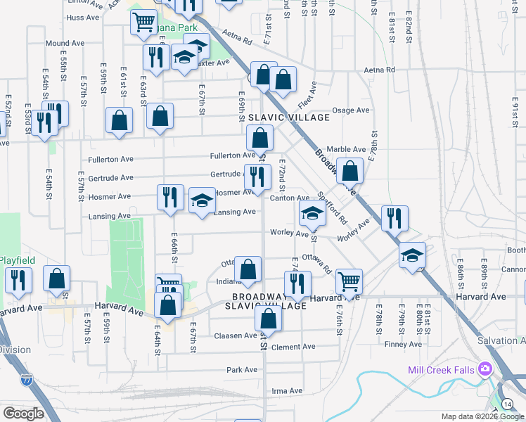 map of restaurants, bars, coffee shops, grocery stores, and more near E 71st St & Lansing Ave in Cleveland