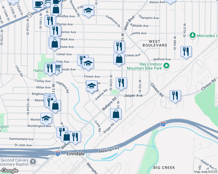 map of restaurants, bars, coffee shops, grocery stores, and more near 3658 West 107th Street in Cleveland