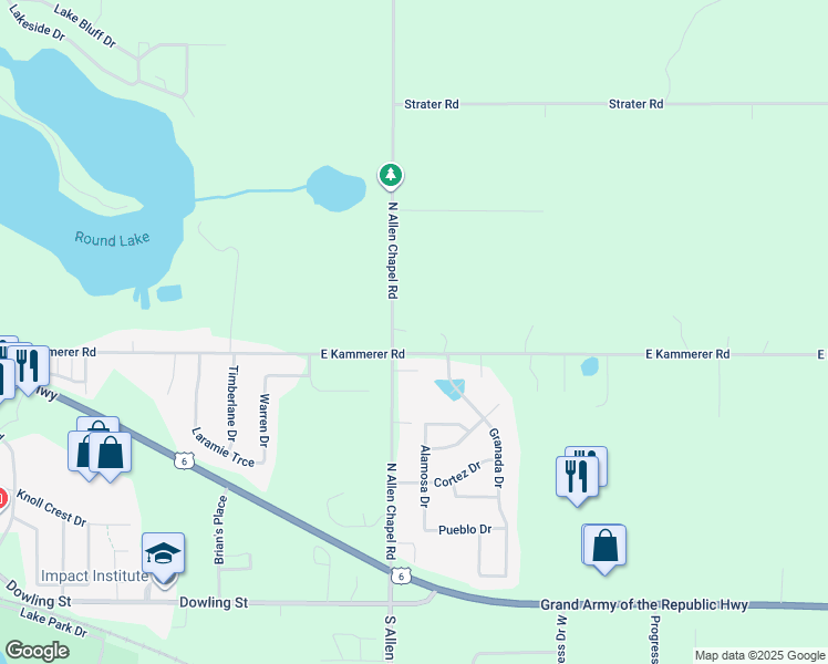 map of restaurants, bars, coffee shops, grocery stores, and more near 828 North Allen Chapel Road in Kendallville