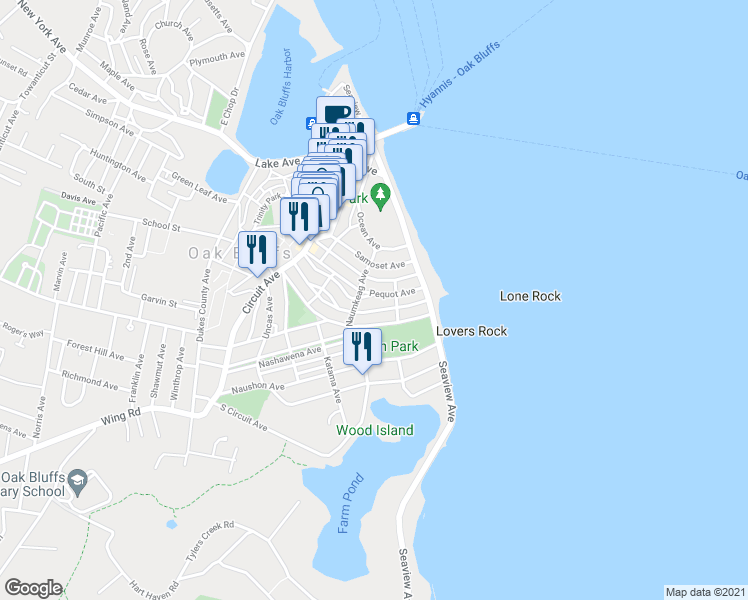 map of restaurants, bars, coffee shops, grocery stores, and more near 26 Pequot Avenue in Oak Bluffs
