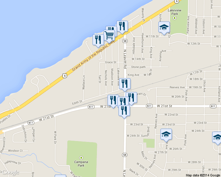 map of restaurants, bars, coffee shops, grocery stores, and more near 1936 Madison Avenue in Lorain