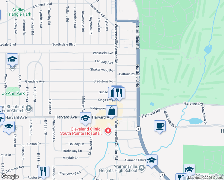 map of restaurants, bars, coffee shops, grocery stores, and more near 20212 Sunset Drive in Warrensville Heights