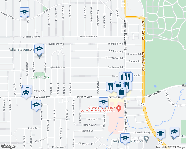 map of restaurants, bars, coffee shops, grocery stores, and more near 19601 Sunset Drive in Warrensville Heights