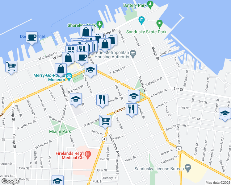map of restaurants, bars, coffee shops, grocery stores, and more near 521 Hancock St in Sandusky
