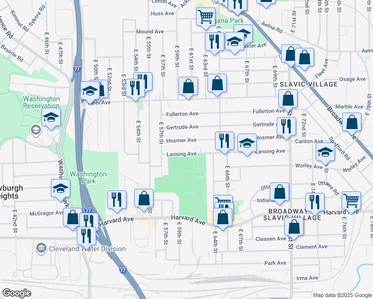 map of restaurants, bars, coffee shops, grocery stores, and more near 6005 Lansing Avenue in Cleveland