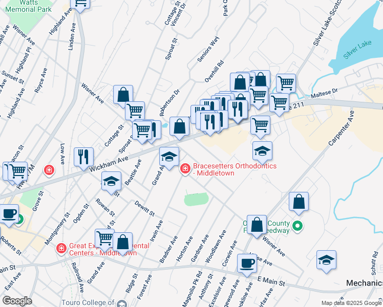 map of restaurants, bars, coffee shops, grocery stores, and more near 17 Fairlawn Avenue in Middletown