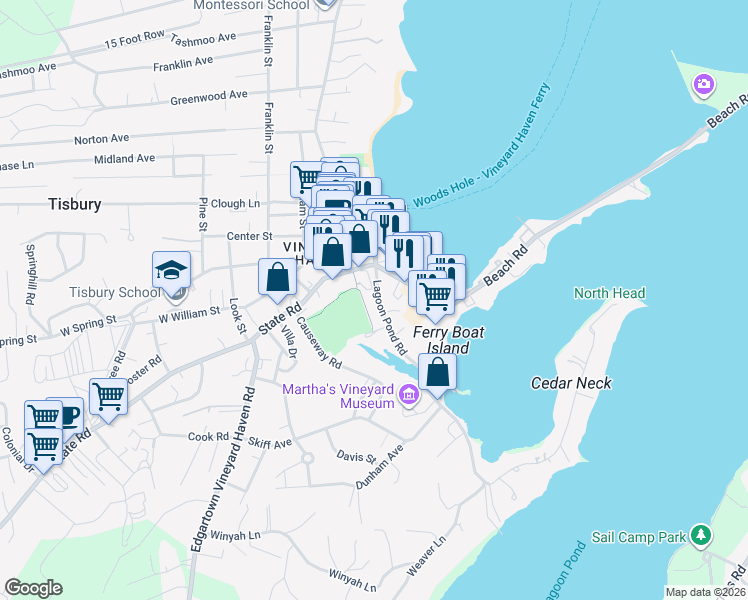 map of restaurants, bars, coffee shops, grocery stores, and more near 37 Lagoon Pond Road in Tisbury