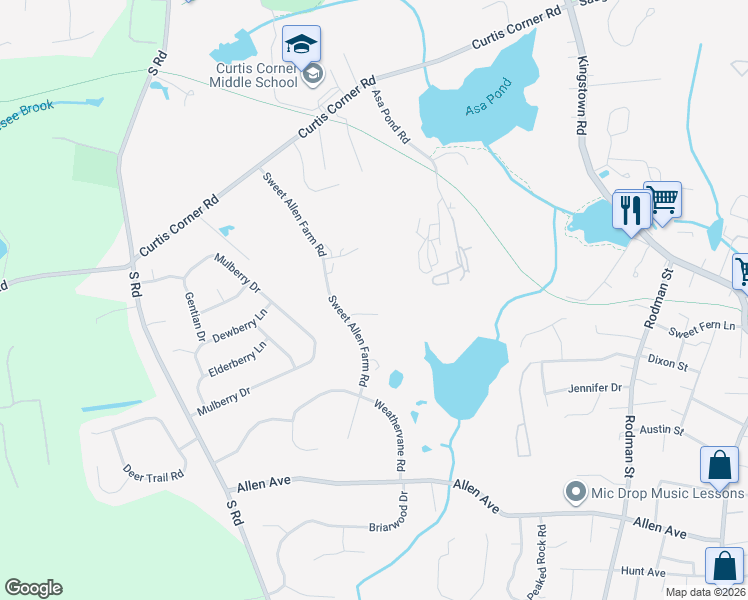 map of restaurants, bars, coffee shops, grocery stores, and more near 18 Acorn Court in South Kingstown