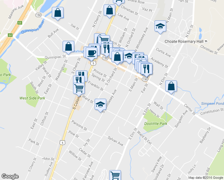 map of restaurants, bars, coffee shops, grocery stores, and more near 101 South Whittlesey Avenue in Wallingford