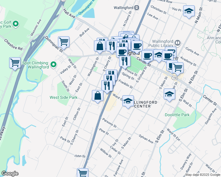 map of restaurants, bars, coffee shops, grocery stores, and more near 228 South Colony Road in Wallingford