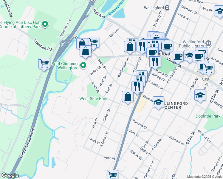 map of restaurants, bars, coffee shops, grocery stores, and more near 42 East Street in Wallingford