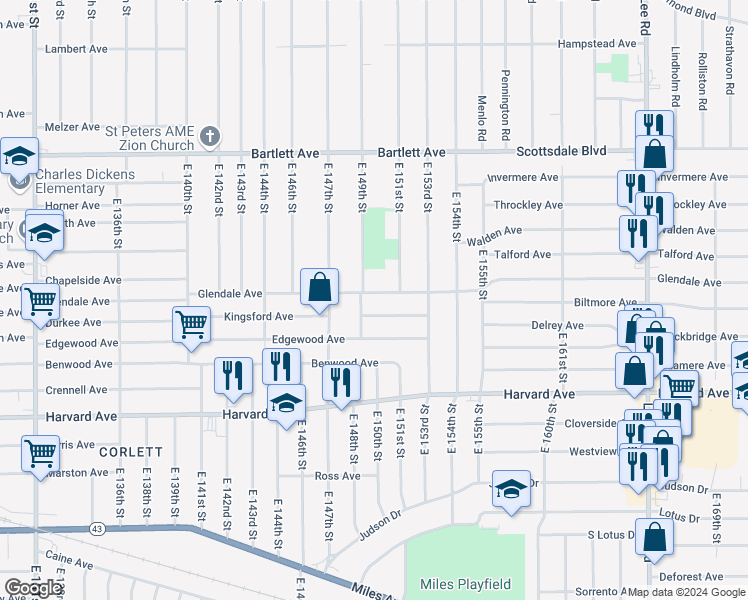 map of restaurants, bars, coffee shops, grocery stores, and more near 15005 Kingsford Avenue in Cleveland