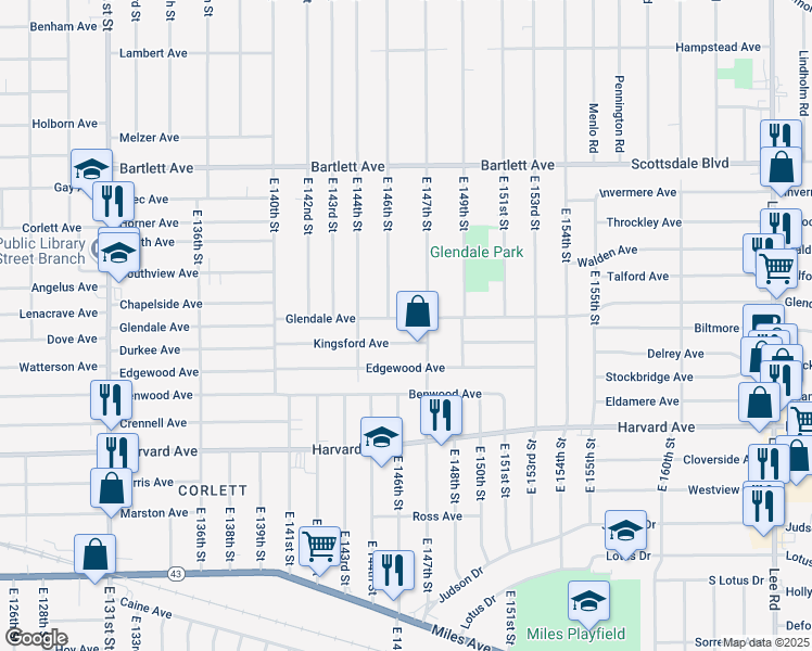 map of restaurants, bars, coffee shops, grocery stores, and more near 3922 East 147th Street in Cleveland