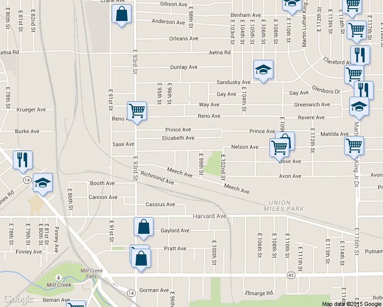 map of restaurants, bars, coffee shops, grocery stores, and more near 3899 East 97th Street in Cleveland