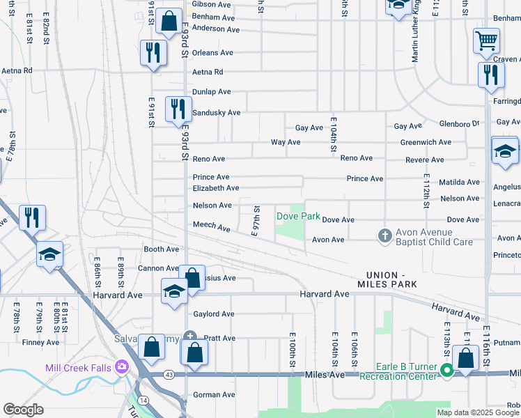 map of restaurants, bars, coffee shops, grocery stores, and more near 3899 East 97th Street in Cleveland