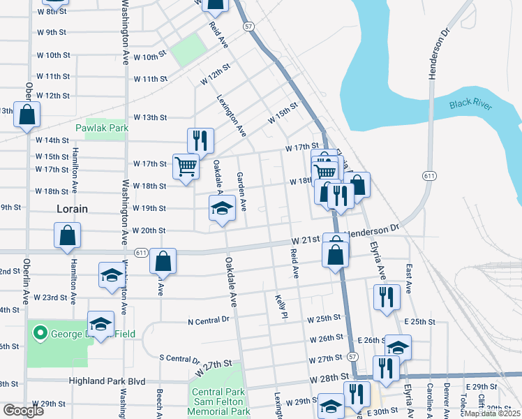 map of restaurants, bars, coffee shops, grocery stores, and more near 1919 Garden Avenue in Lorain