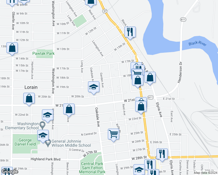 map of restaurants, bars, coffee shops, grocery stores, and more near 1919 Garden Avenue in Lorain