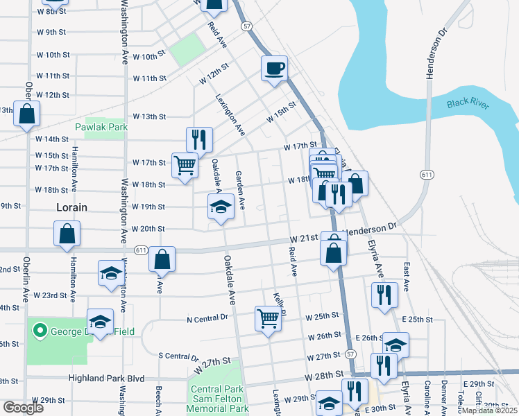 map of restaurants, bars, coffee shops, grocery stores, and more near 1906 Lexington Avenue in Lorain
