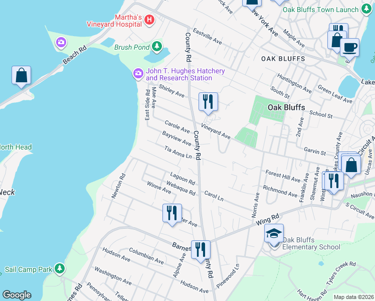 map of restaurants, bars, coffee shops, grocery stores, and more near 11 Tia Anna Lane in Oak Bluffs