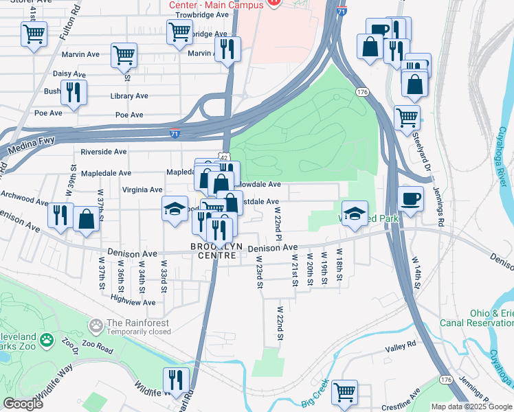 map of restaurants, bars, coffee shops, grocery stores, and more near 2227 Forestdale Avenue in Cleveland