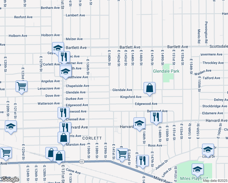 map of restaurants, bars, coffee shops, grocery stores, and more near 14012 Glendale Avenue in Cleveland