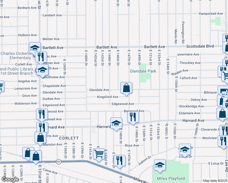 map of restaurants, bars, coffee shops, grocery stores, and more near 14505 Kingsford Avenue in Cleveland