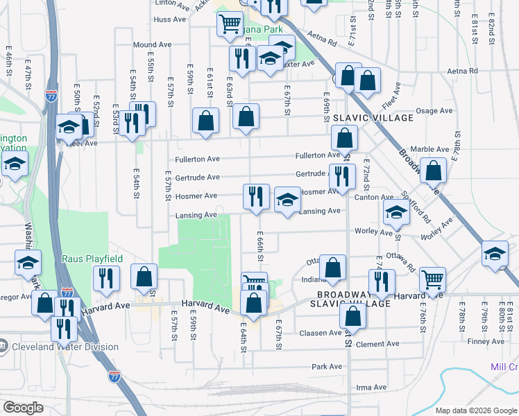 map of restaurants, bars, coffee shops, grocery stores, and more near 6511 Lansing Avenue in Cleveland