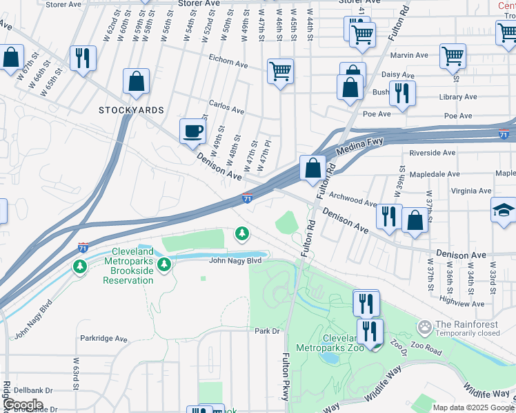 map of restaurants, bars, coffee shops, grocery stores, and more near 4617 Denmark Avenue in Cleveland