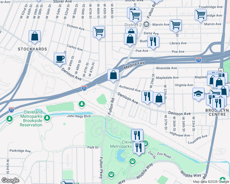 map of restaurants, bars, coffee shops, grocery stores, and more near Denison Ave & Fulton Rd in Cleveland