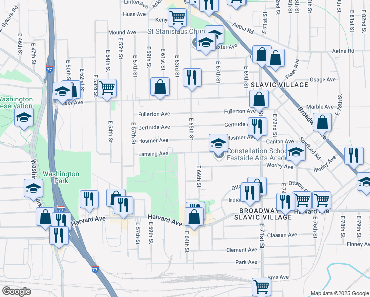 map of restaurants, bars, coffee shops, grocery stores, and more near 6321 Lansing Avenue in Cleveland