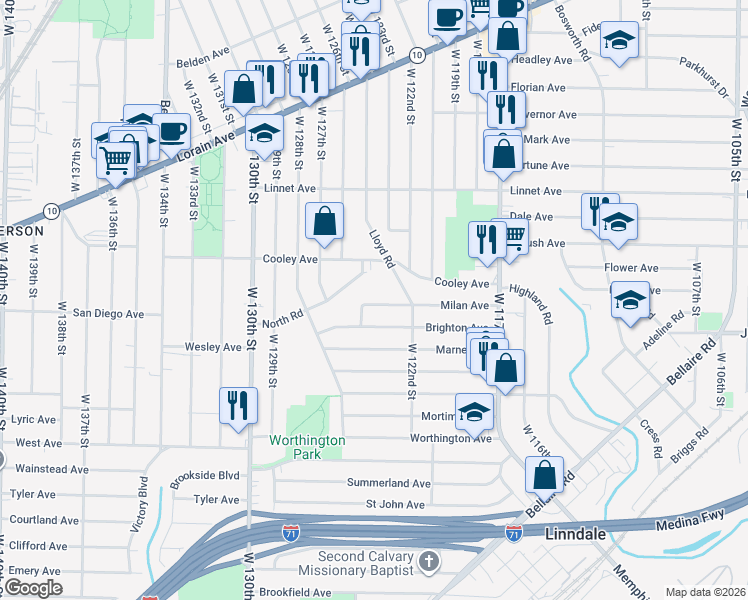 map of restaurants, bars, coffee shops, grocery stores, and more near 12402 Milan Avenue in Cleveland