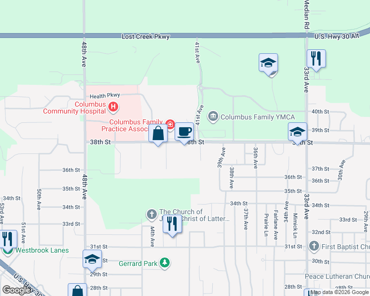map of restaurants, bars, coffee shops, grocery stores, and more near 4253 38th Street in Columbus